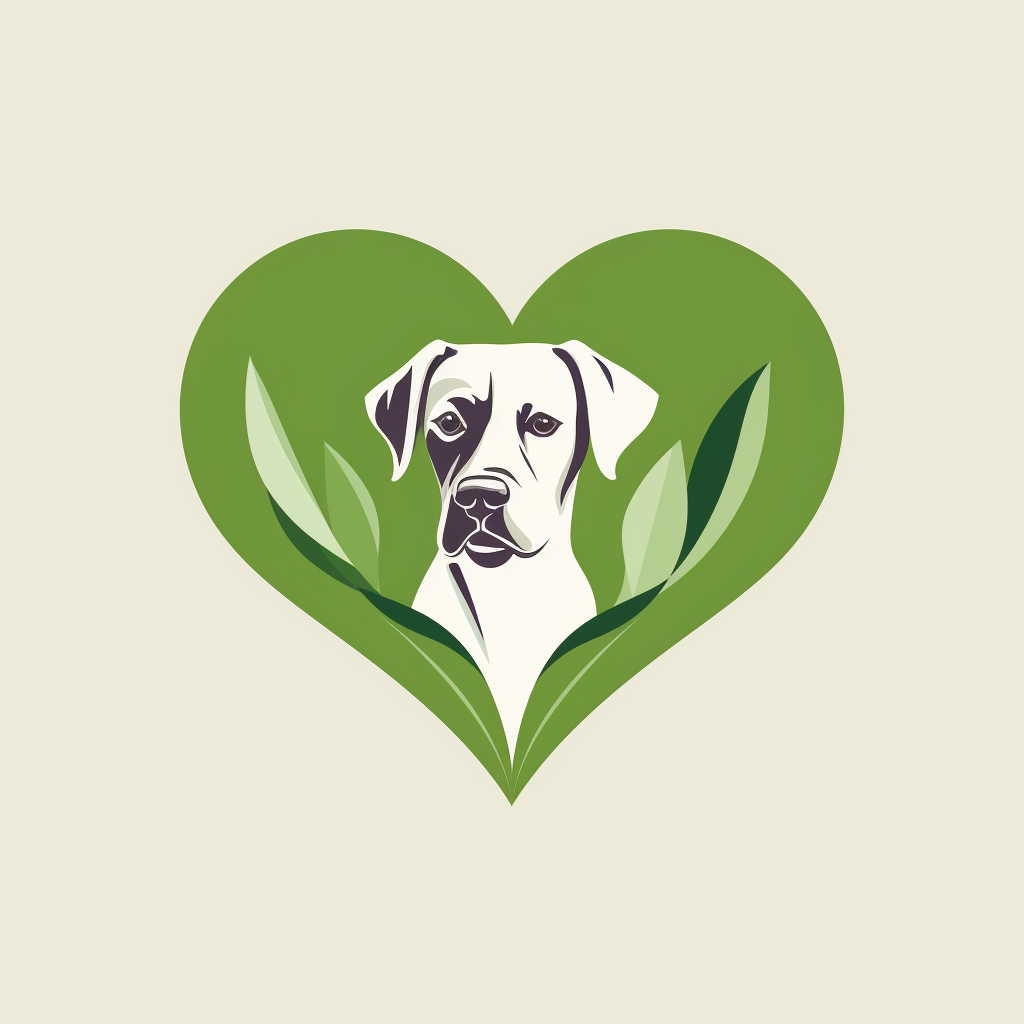 Simplistic logo with heart, dog, and green leaf