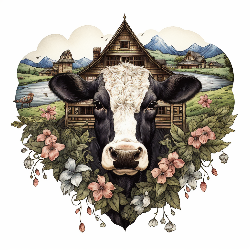 Japanese house with heart-shaped cow and rice