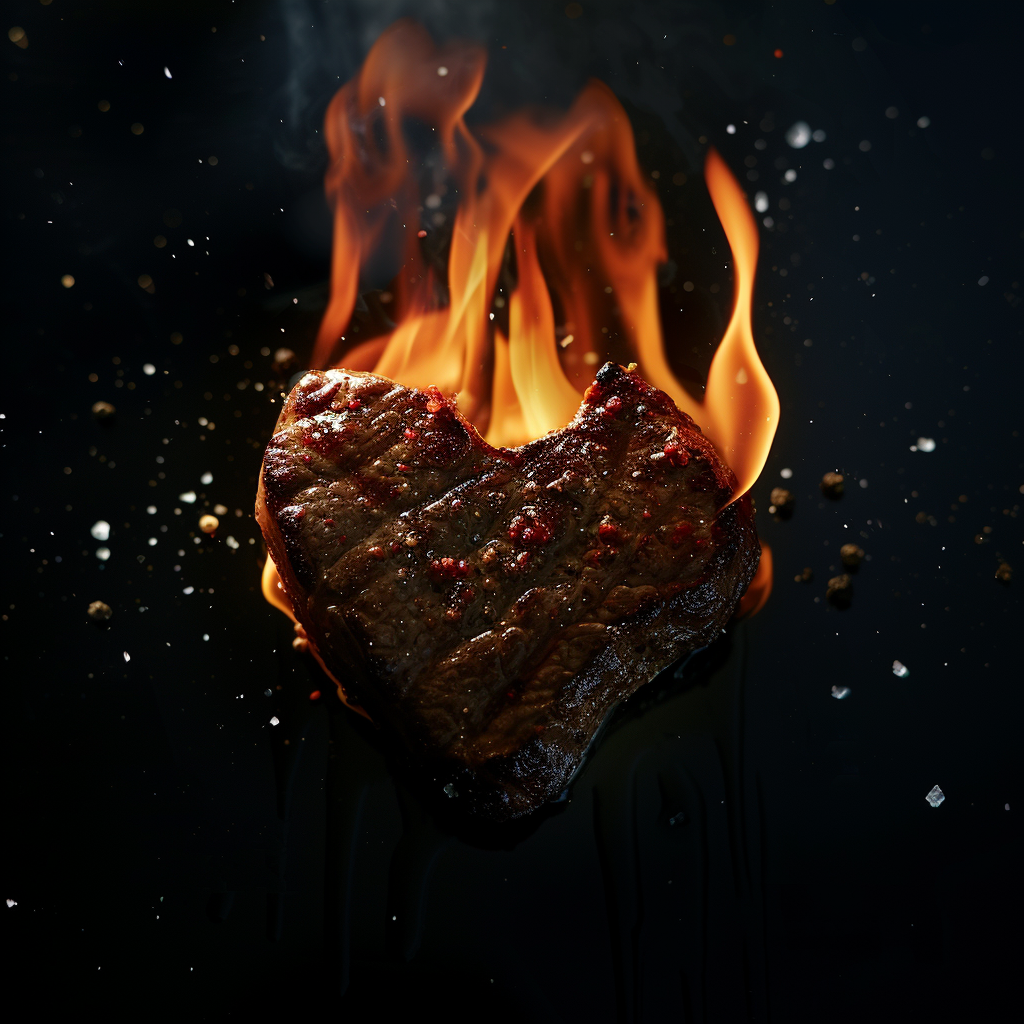 Heart shaped steak in flames