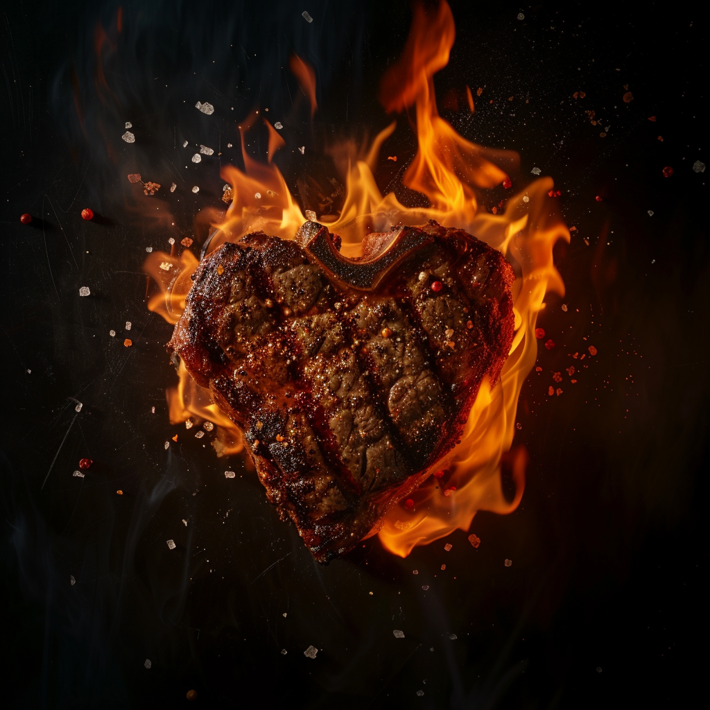 Heart-shaped steak engulfed in flames