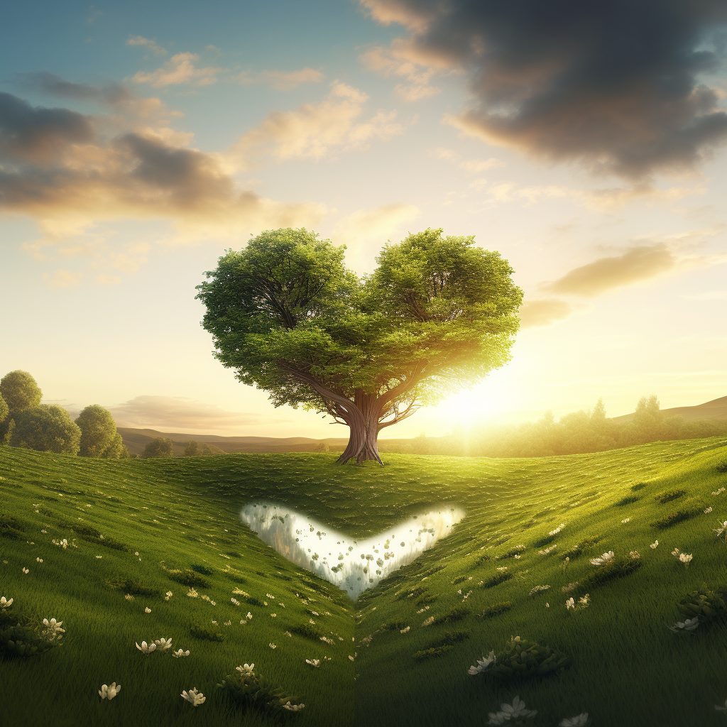 Heart-shaped tree amidst lush green lawn