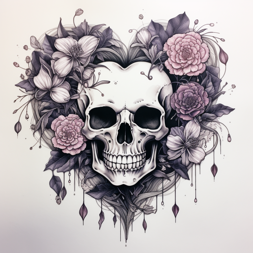 Heart Skull Flowers Sketch Artwork