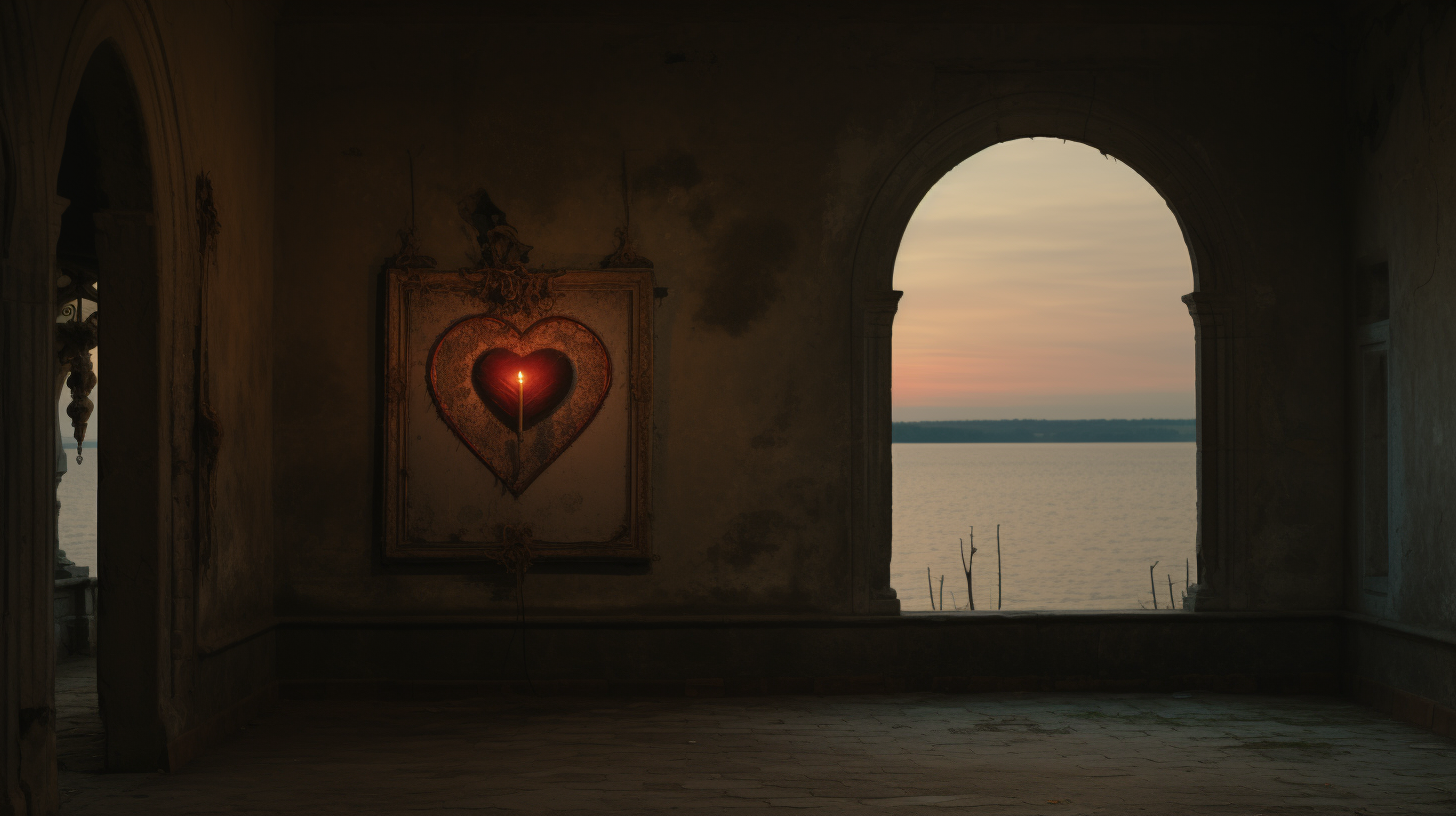 Renaissant heart-sword painting in castle by the sea