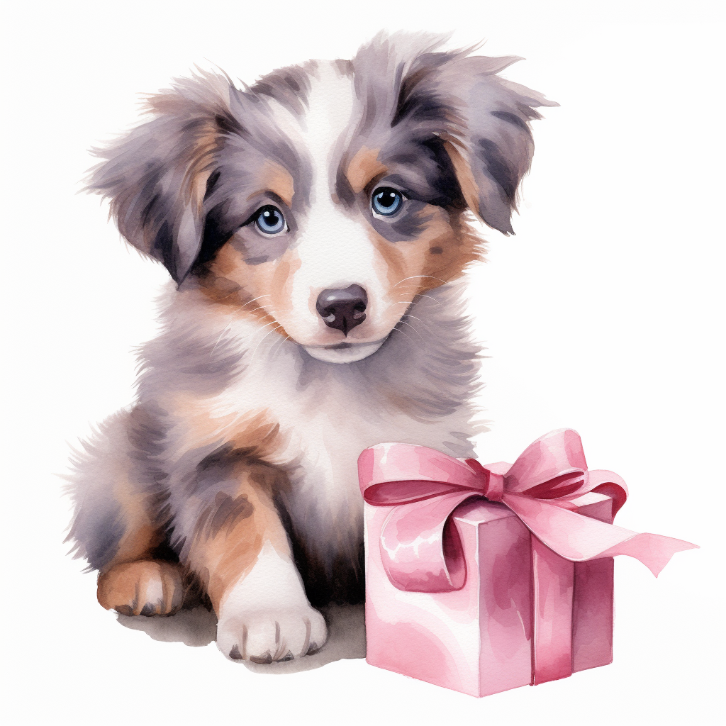 Australian Shepard puppy with gift box