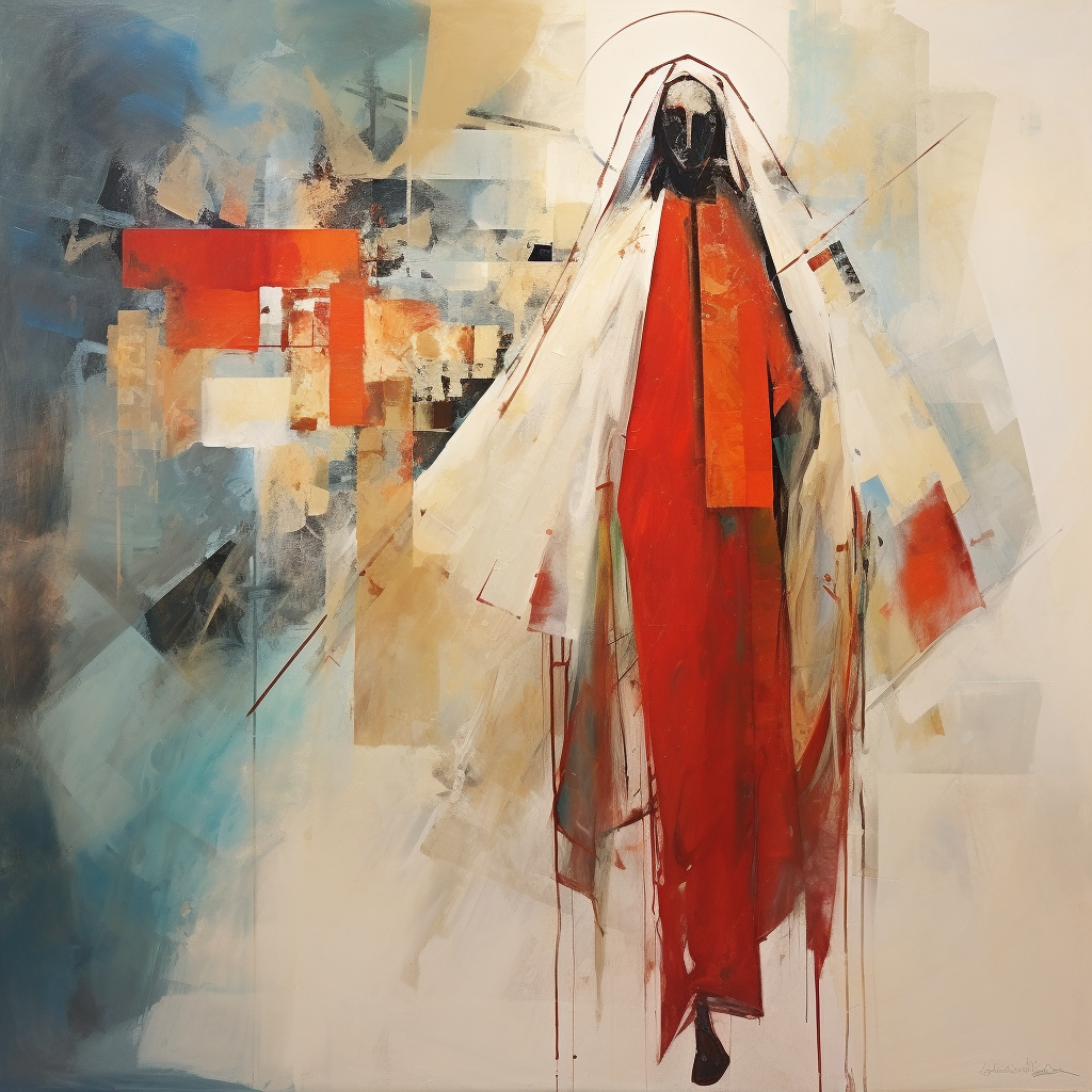 Abstract depiction of Jesus in white and red