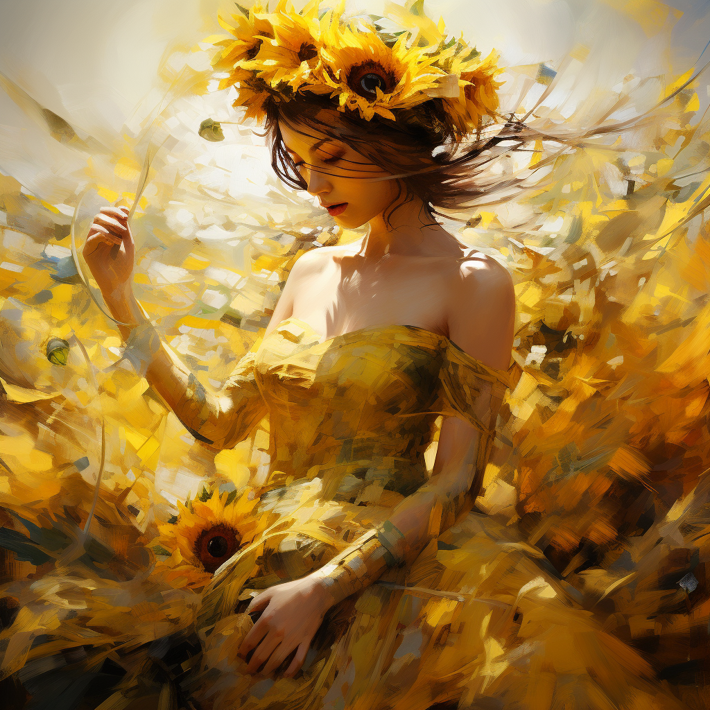 Shimmering Woman in Yellow Dress on Flower Field