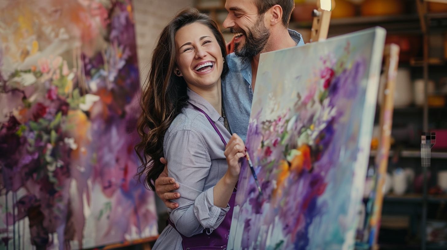 Woman painting with husband hug