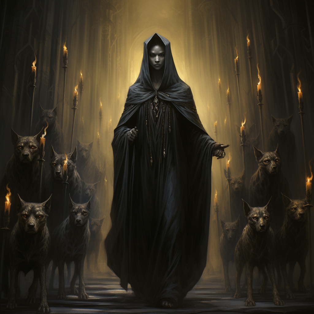 Hecate with burning torches and dogs