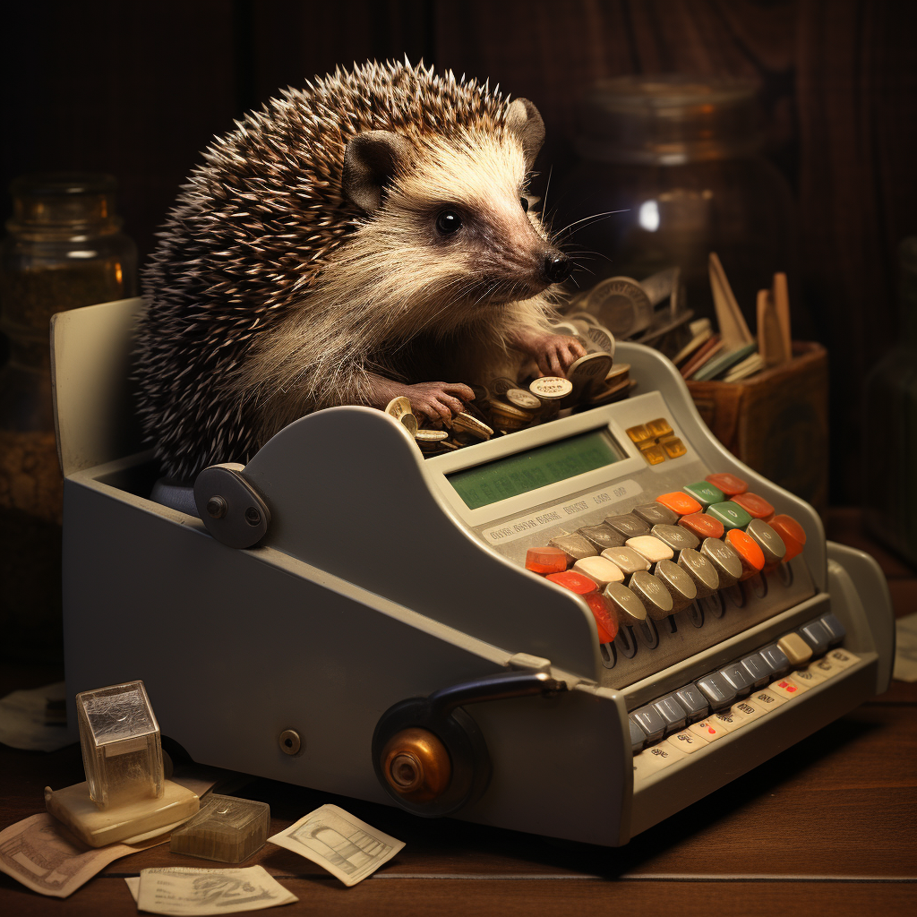 Cute hedgehog with cash register and coins