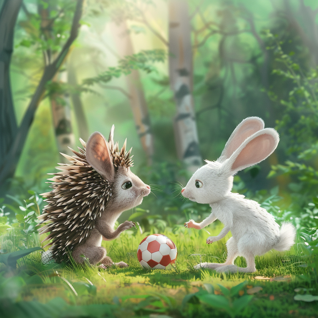 Cartoon animals playing soccer in forest