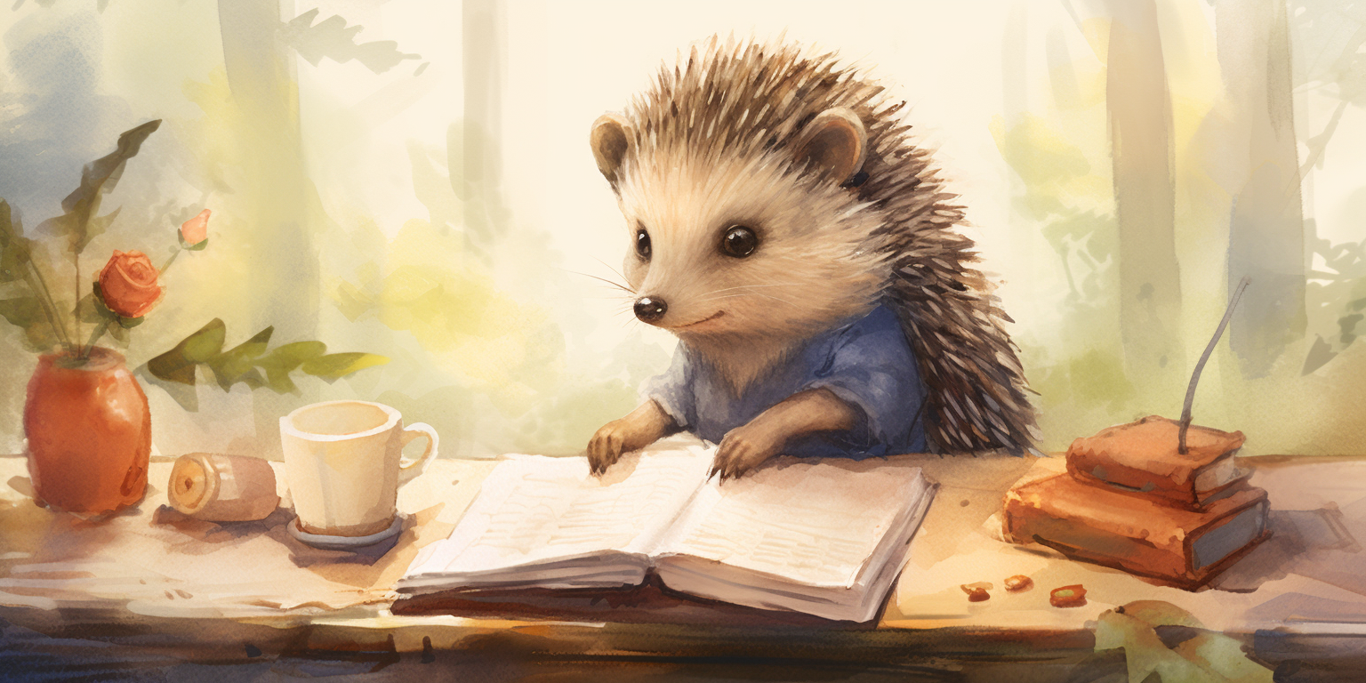 Cute Hedgehog Writing with Quill Pen in Jungle