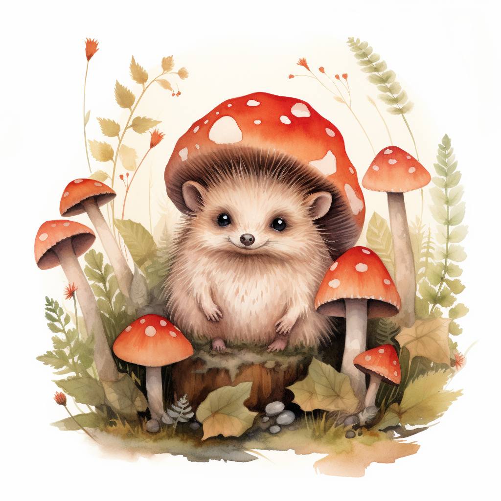 Cute hedgehog hiding in vibrant mushrooms