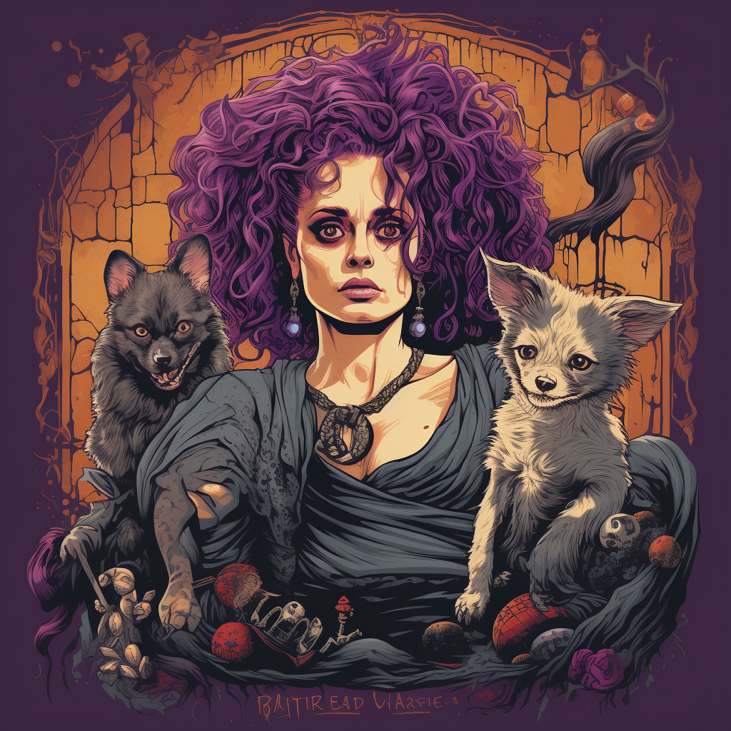 Helena Bonham Carter with Purple Hair and Snarling Chihuahua