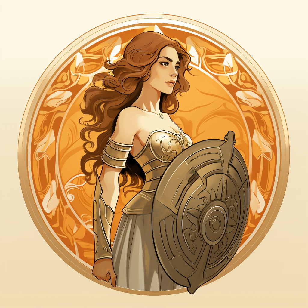 Art deco illustration of a hellenic woman with a shield