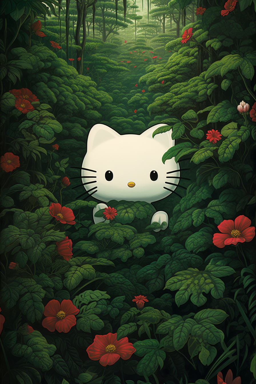 Retro manga Hello Kitty in forest