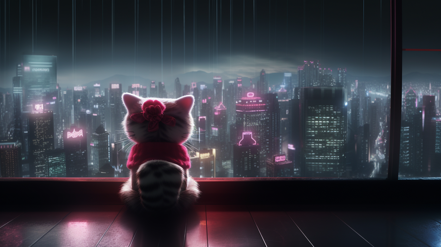 Hello Kitty gazing at cityscape