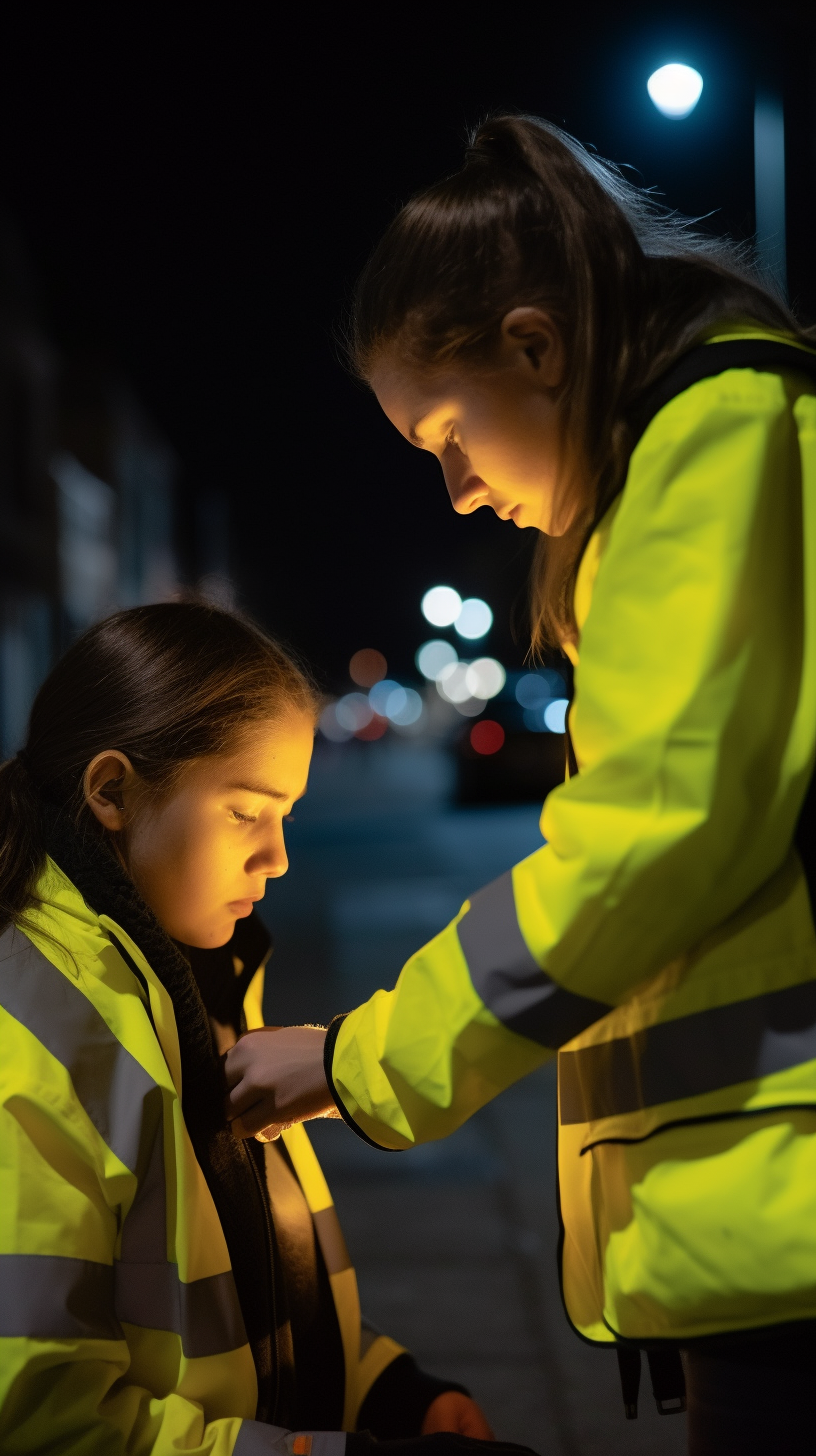 Woman helping young person sleep on street at night