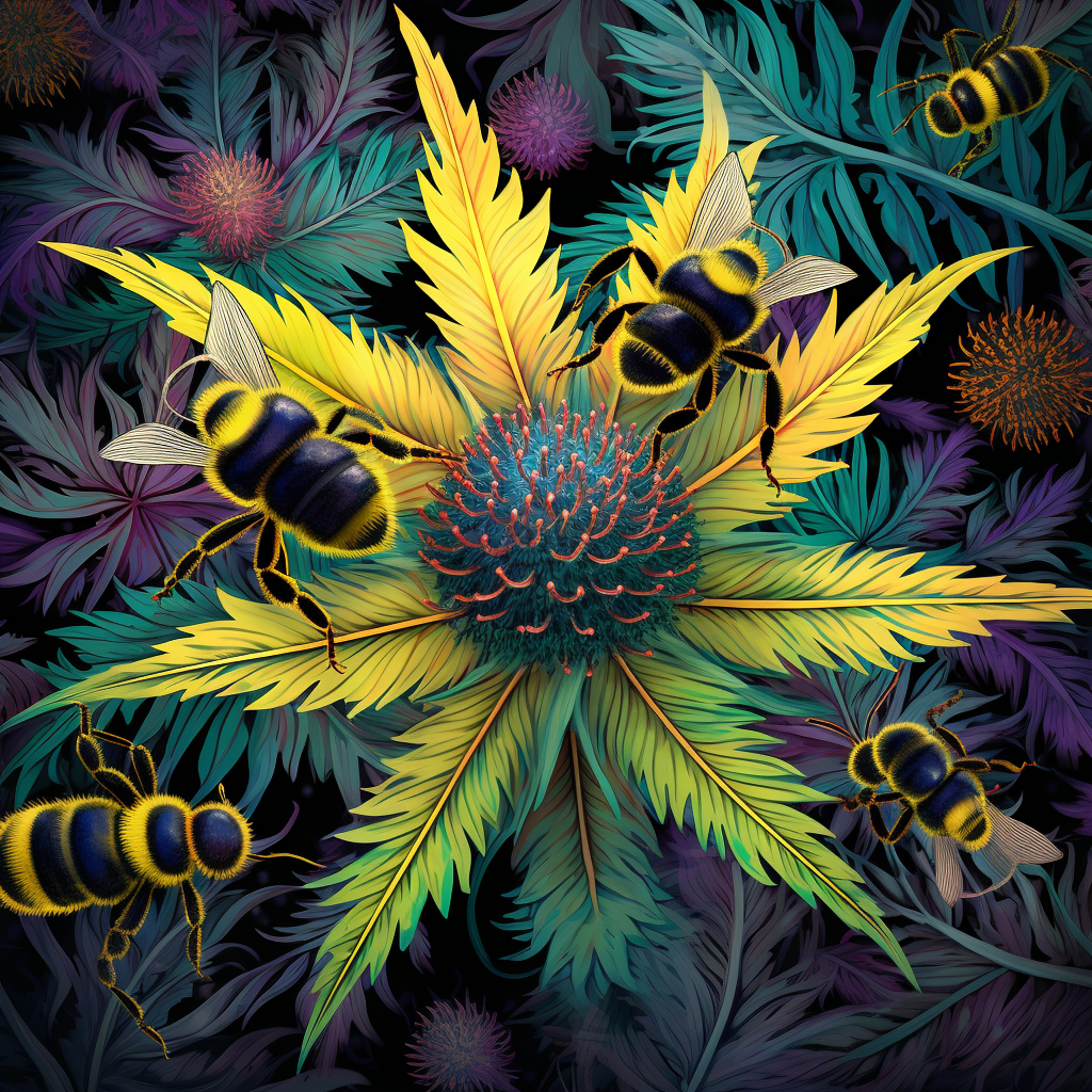 Hemp leaves and animated bumblebees