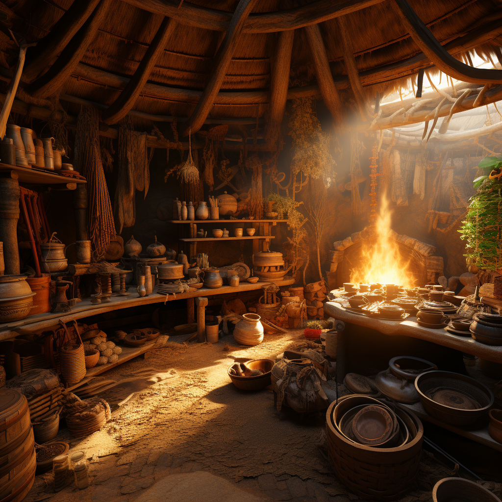 Herbal witch cooking in hut