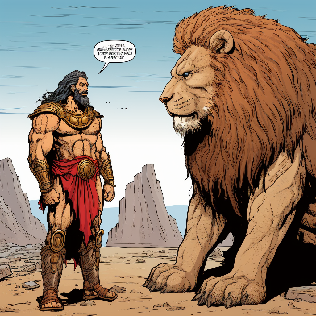 Sad-faced Lion Meeting Hercules