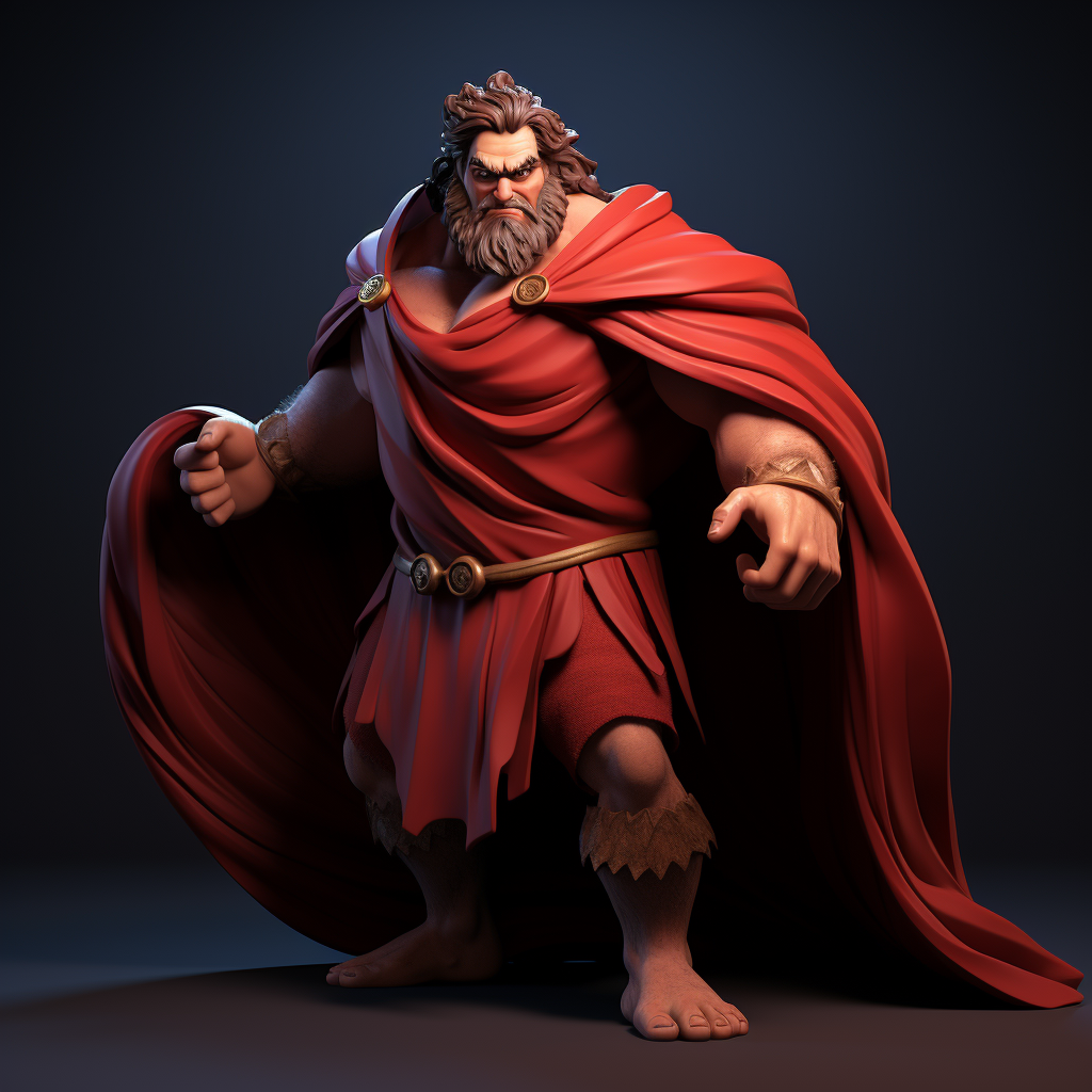 Determined Hercules in Red Cloak Saving the Day