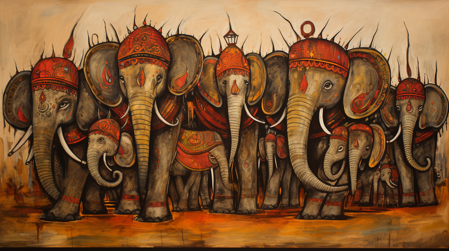 Beautiful Phad Painting of a Herd of Elephants