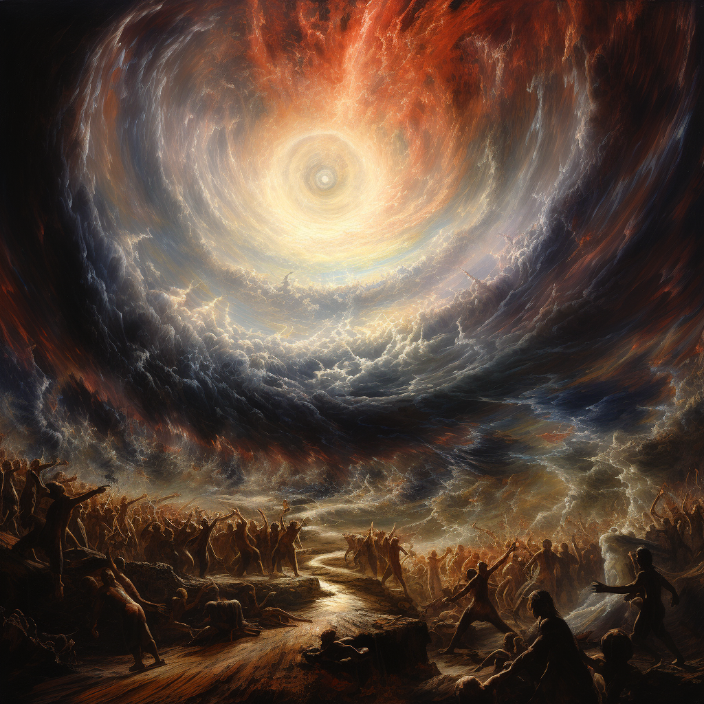 Dramatic oil painting depicting energy vortex and troopers