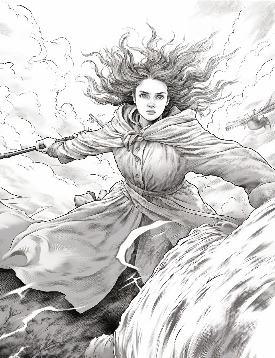 Hermione Granger flying on her Nimbus 2000 broomstick