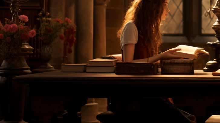 Hermione Granger studying in Hogwarts Library