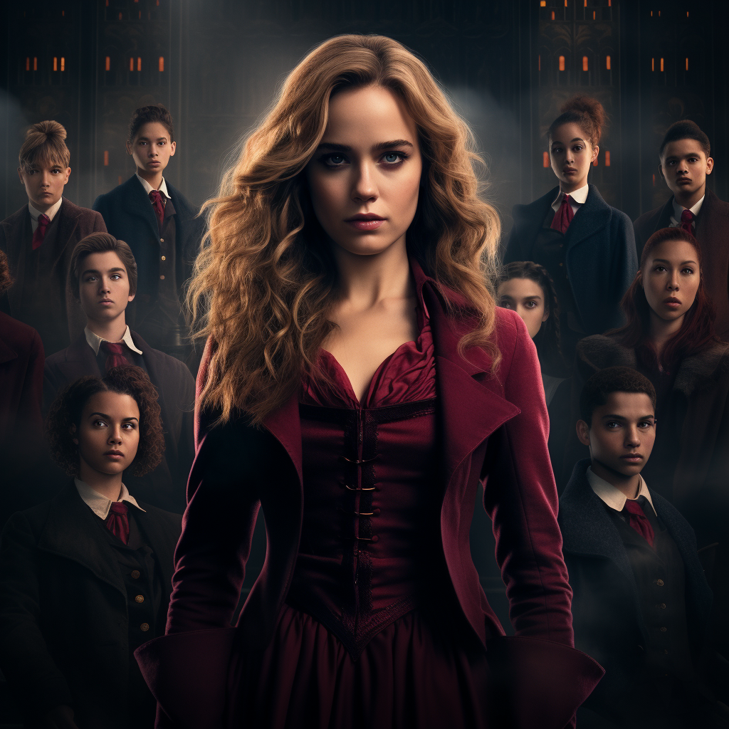 Blonde-haired Hermione Granger in elegant clothes with magic wand