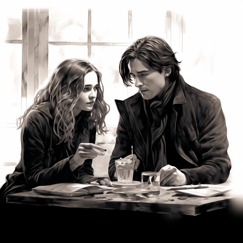 Hermione and Snape sitting at a table sketch