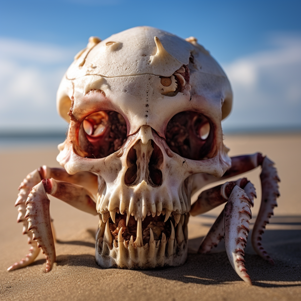 Hermit crab inside a skull on the beach