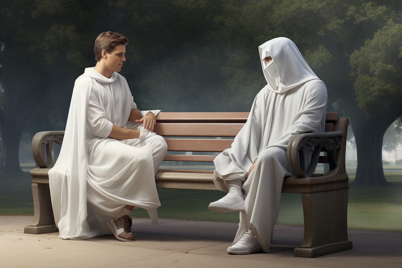 Costumed couple sitting on park bench in conversation