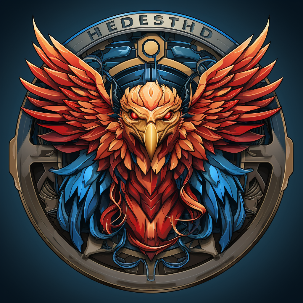 Emblem showcasing hero transformation in blue, red, and gold.