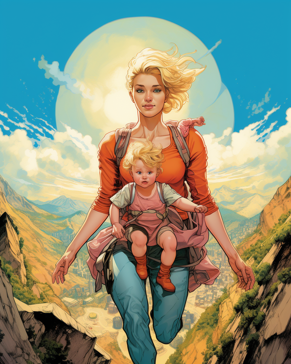 Blonde Mother Carrying Baby Up Mountain