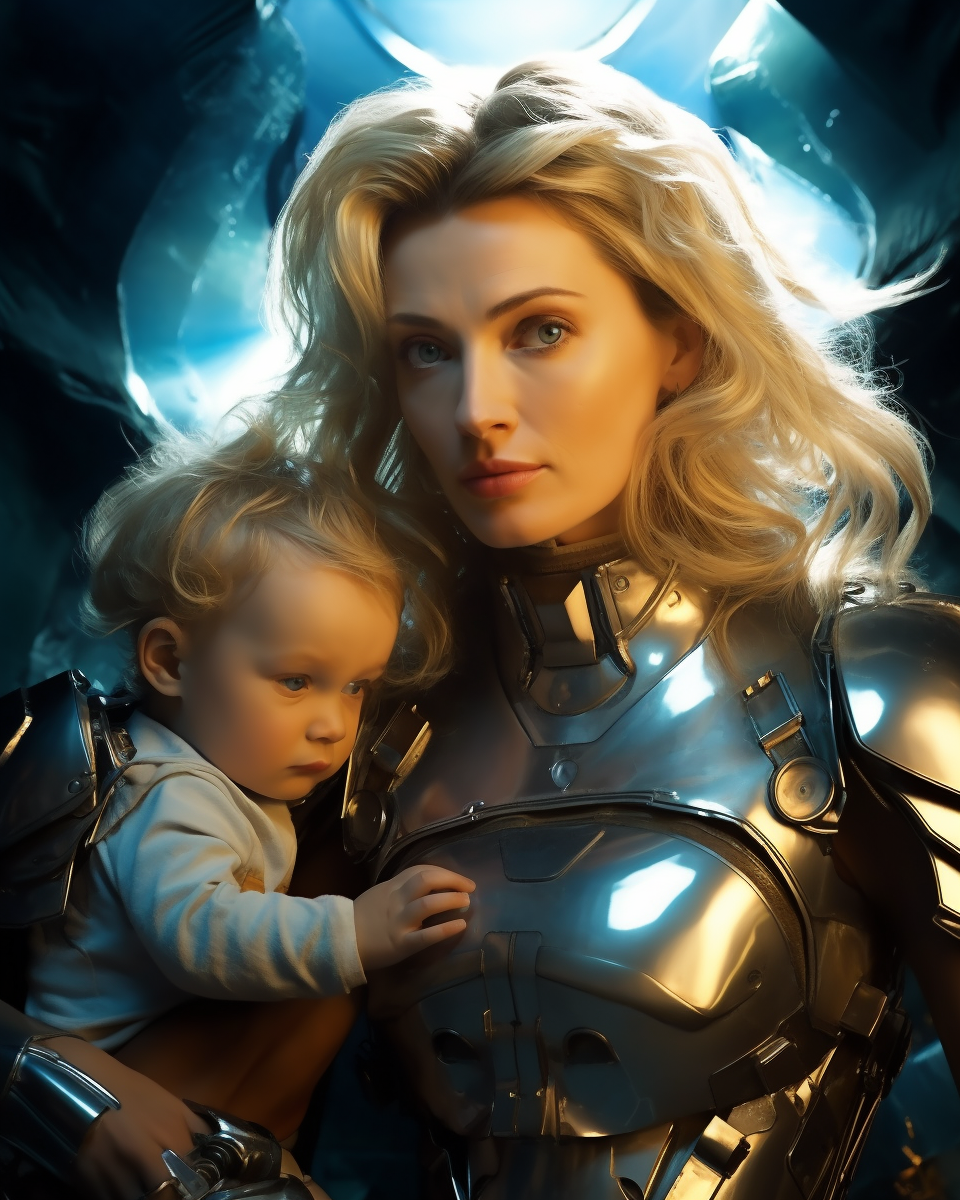 Heroic blonde mother with children in action