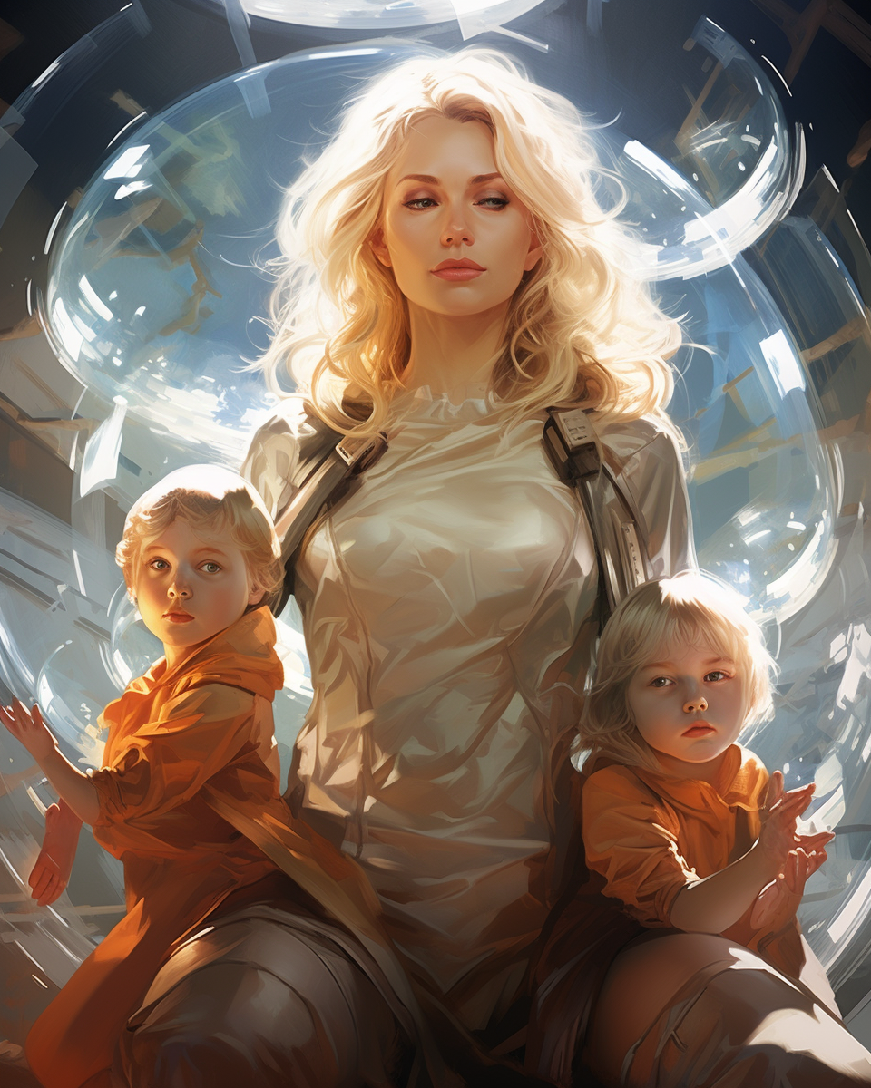 Heroic blonde mother with her two small children