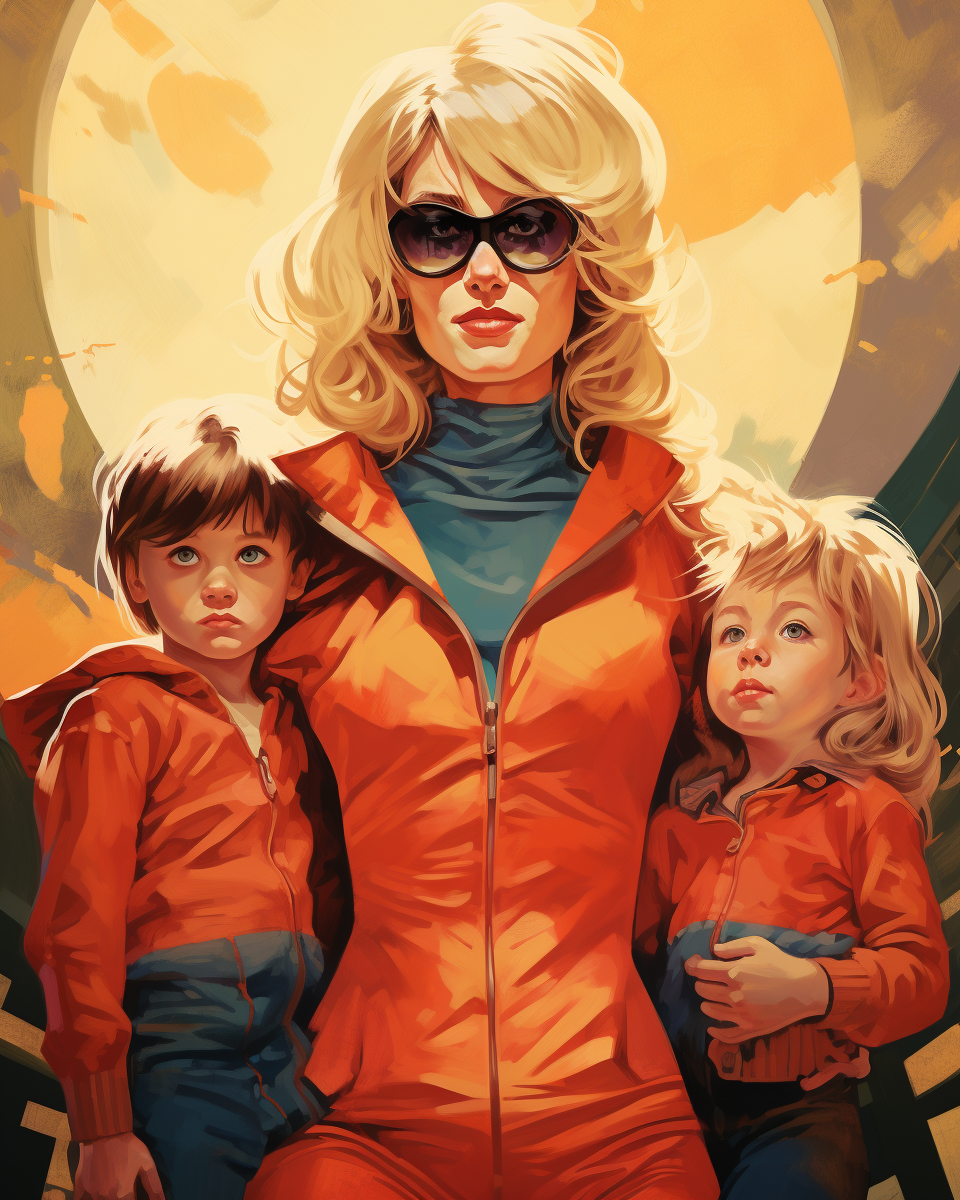 Heroic blonde mother with two children