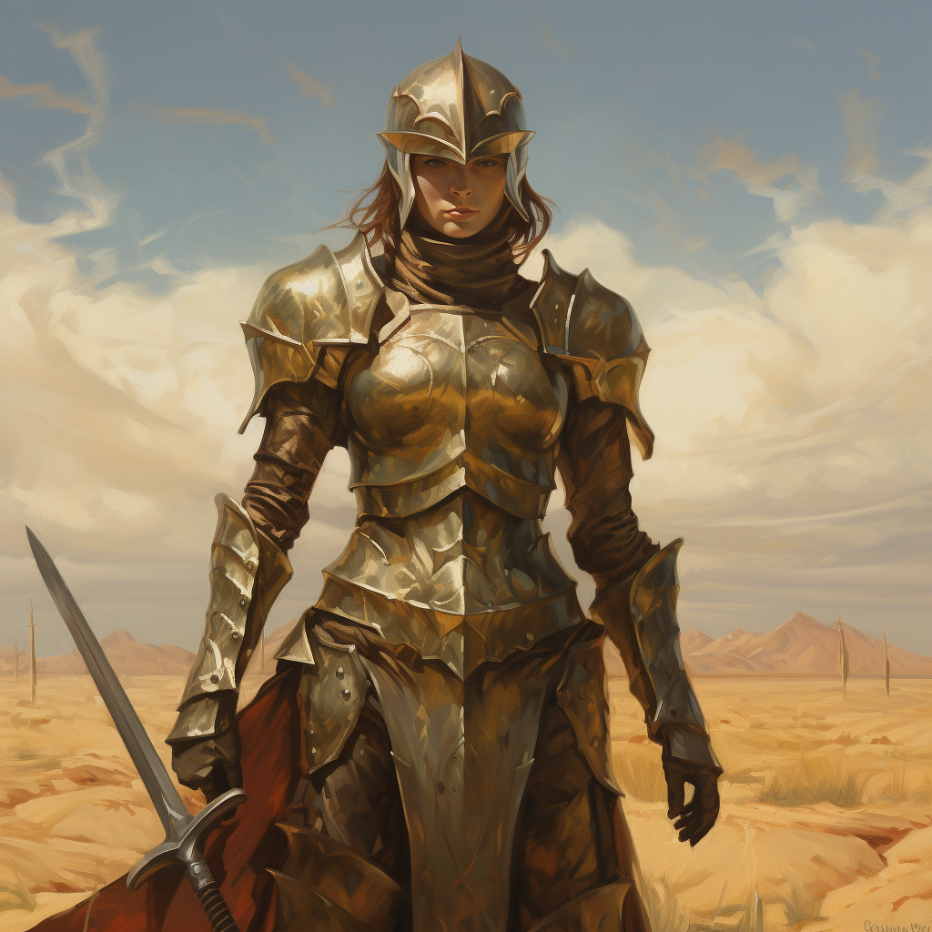 Knight standing on battlefield, heroic oil painting