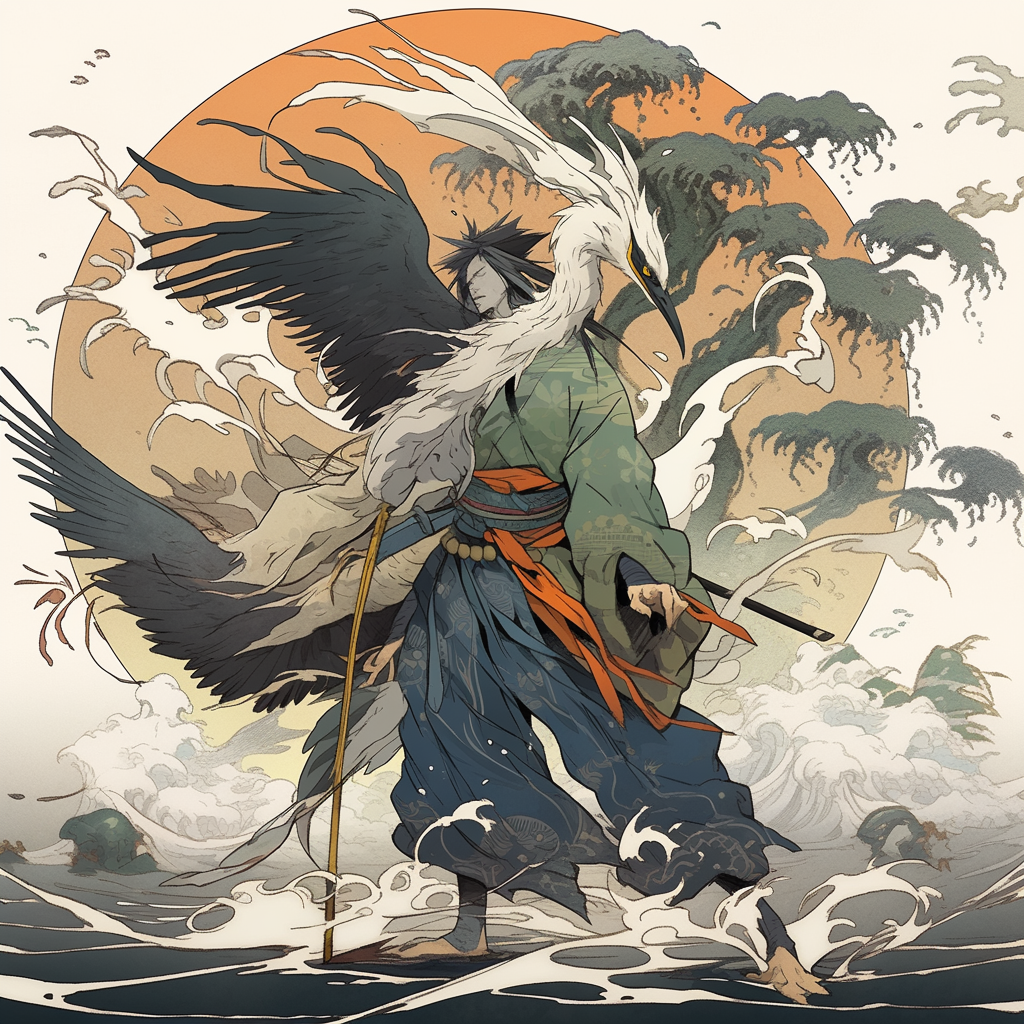 Mysterious heron ninja in Ukiyo-e art