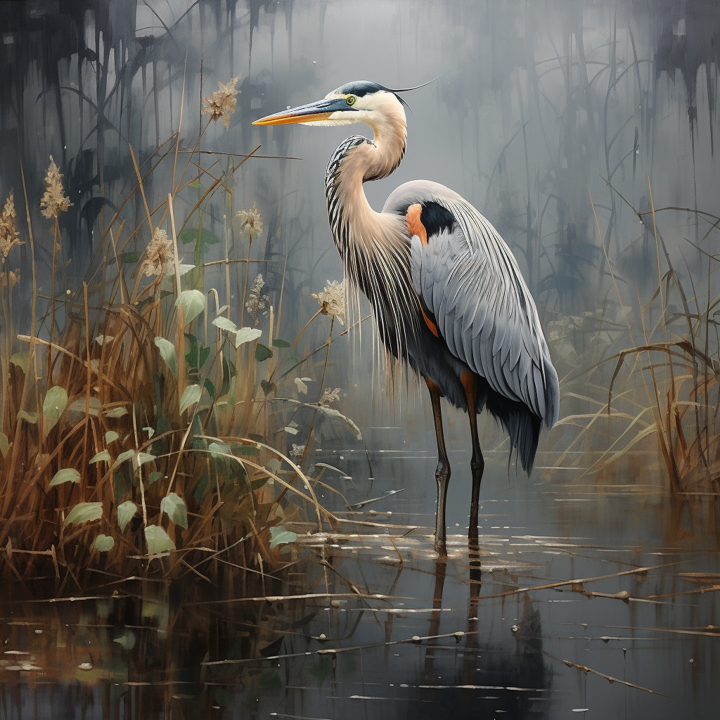 Heron gracefully navigating a stormy wetland