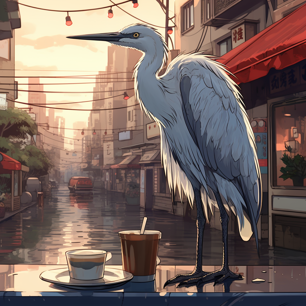 Cartoon heron enjoying coffee in Tokyo