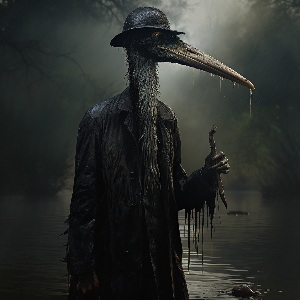 Elegant Heron Person in Lovecraftian Horror Setting