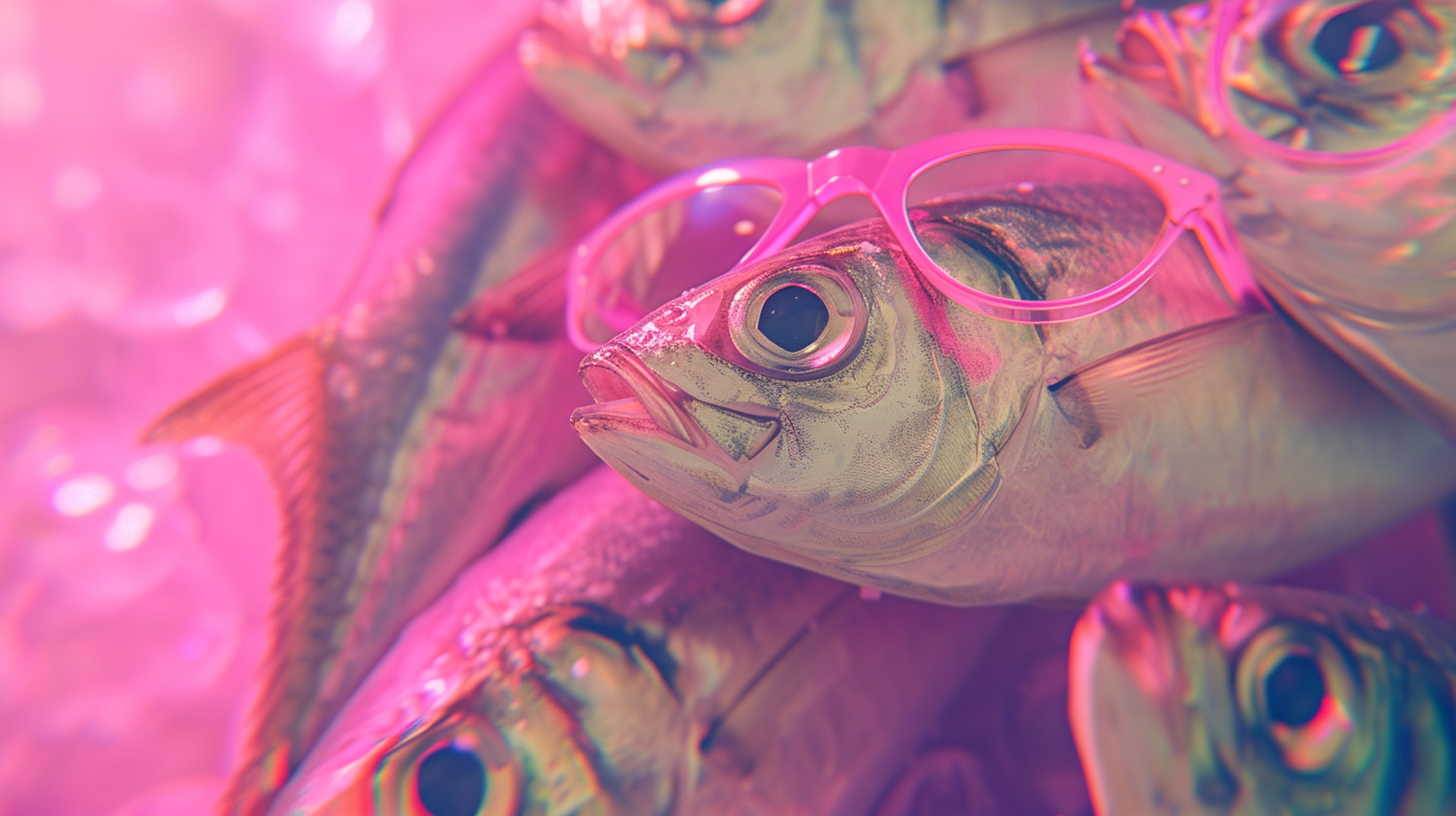 Herring fish with pink glasses at a party