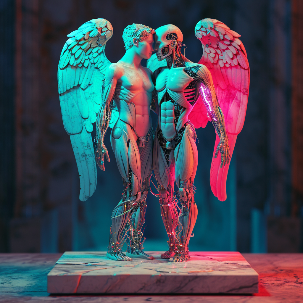 Beautiful marble statue of cyborg couple with wings