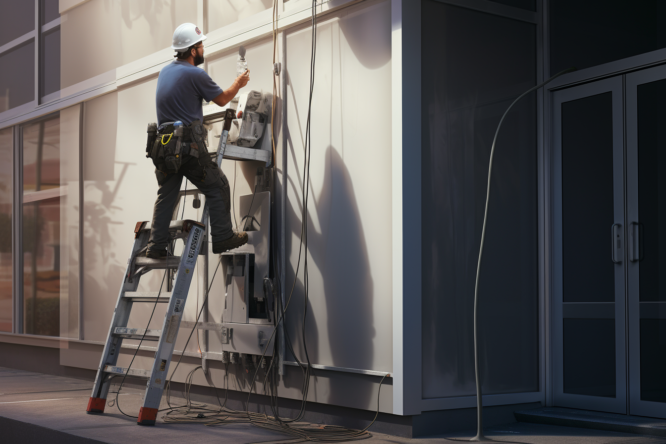 Professional technician installing office video camera