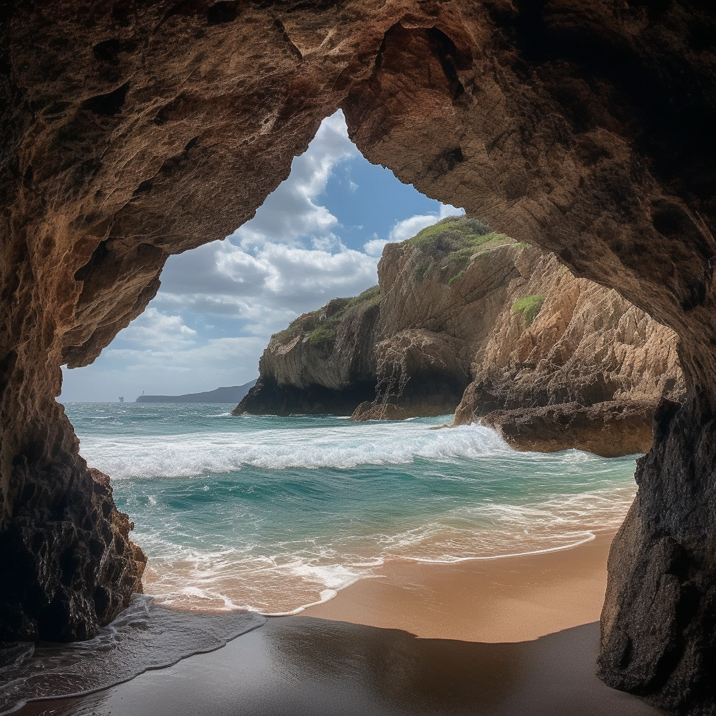 Hidden beach through small cave opening in Mexico