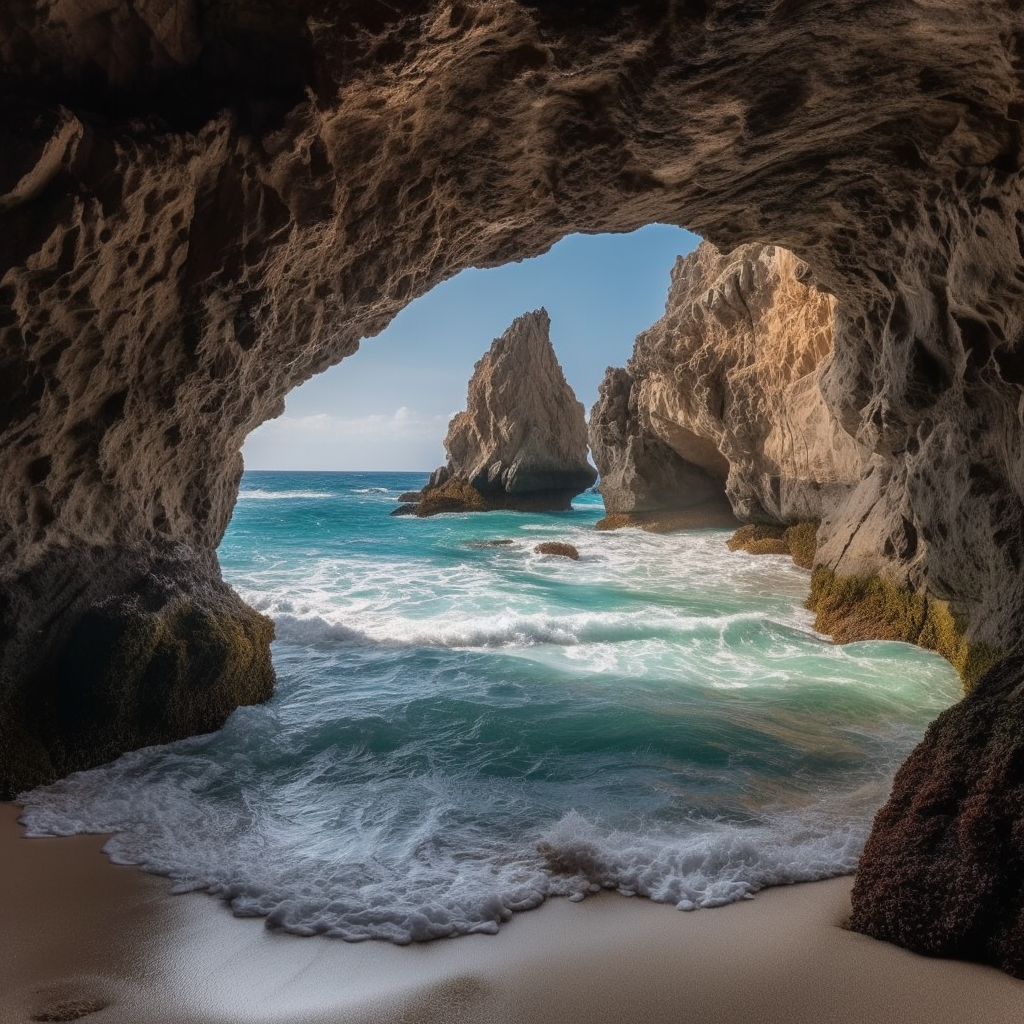 Serene hidden beach through a cave in Mexico