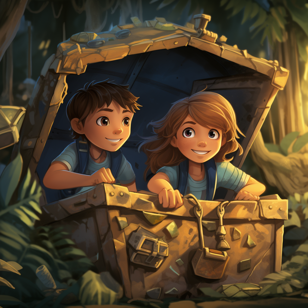 Oliver and Ella in front of treasure chest