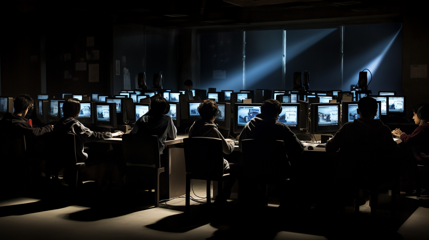 Silhouettes of students in dimly lit room